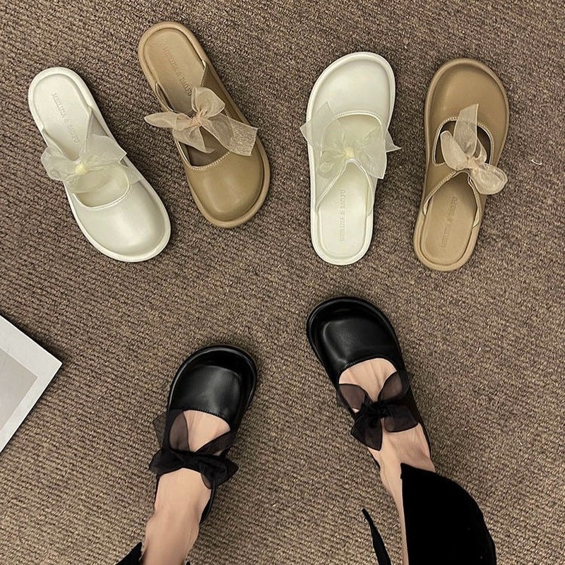 Giày Lười Đế Bằng Đính Nơ Phong Cách Vintage Pháp Cho Nữ