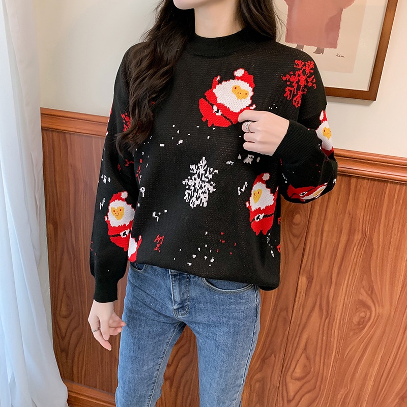 Áo sweater IELGY tay dài cổ tròn in họa tiết giáng sinh màu đỏ/ đen thời trang dành cho nữ