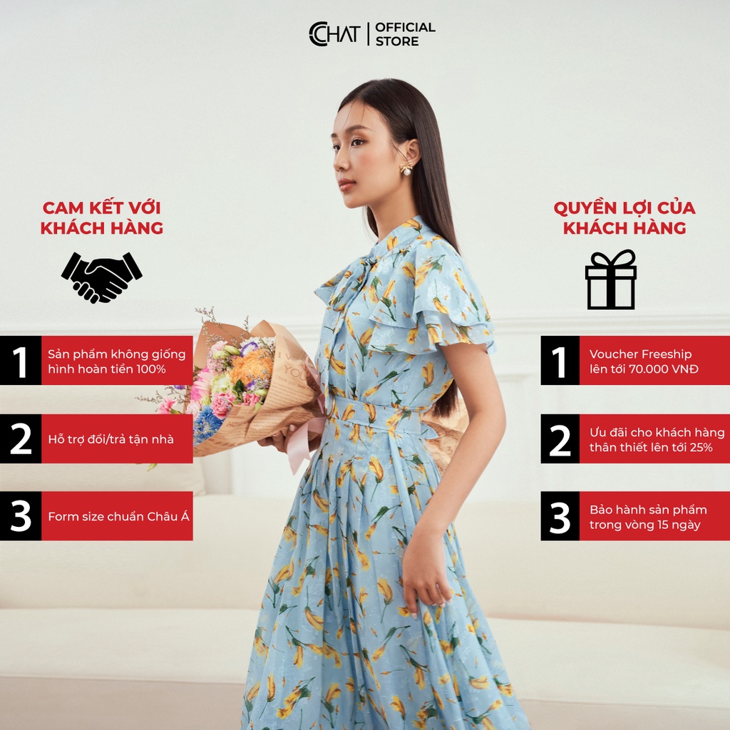 Đầm Nữ 𝐂𝐂𝐇𝐀𝐓 Họa Tiết Cổ Nơ Tay Xòe 2 Lớp Chất Voan Phong Cách Trẻ Trung Thanh Lịch 12VNV5002XT