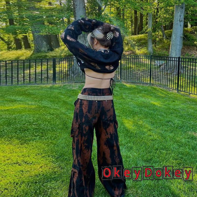 Áo Thun Cổ Tròn Khoét Lỗ Y2K Màu Đen Gợi Cảm Cho Nữ