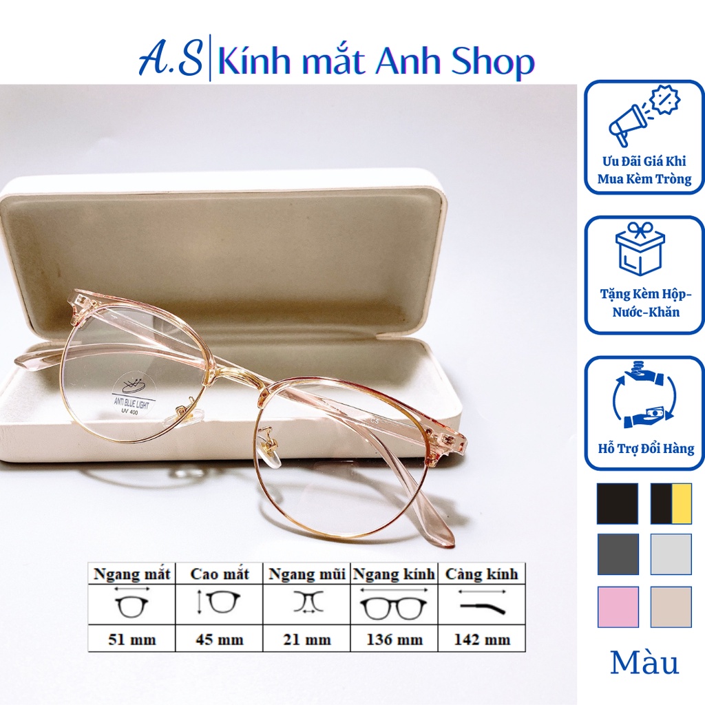 Gọng kính cận tròn nam nữ chất liệu nhựa dẻo kết hợp kim loại nhận cắt tròng cận viễn loạn 6214