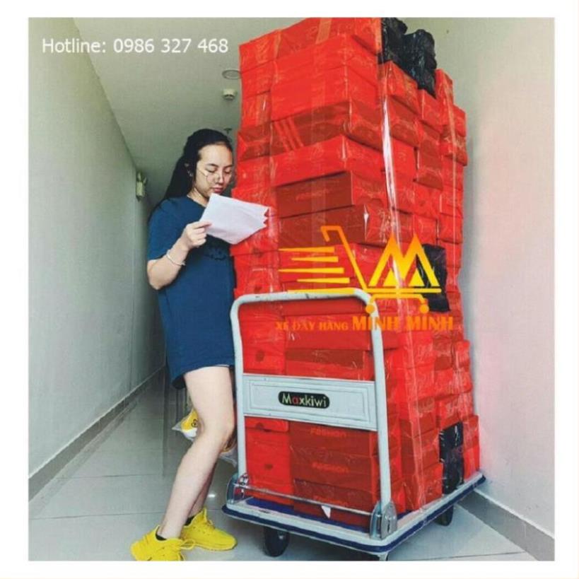 [FreeShip - Clip thật] Xe Đẩy Hàng 300kg, Xe Đẩy Hàng 4 Bánh Maxkiwi- Sàn Thép, Tay Đẩy Gập Gọn