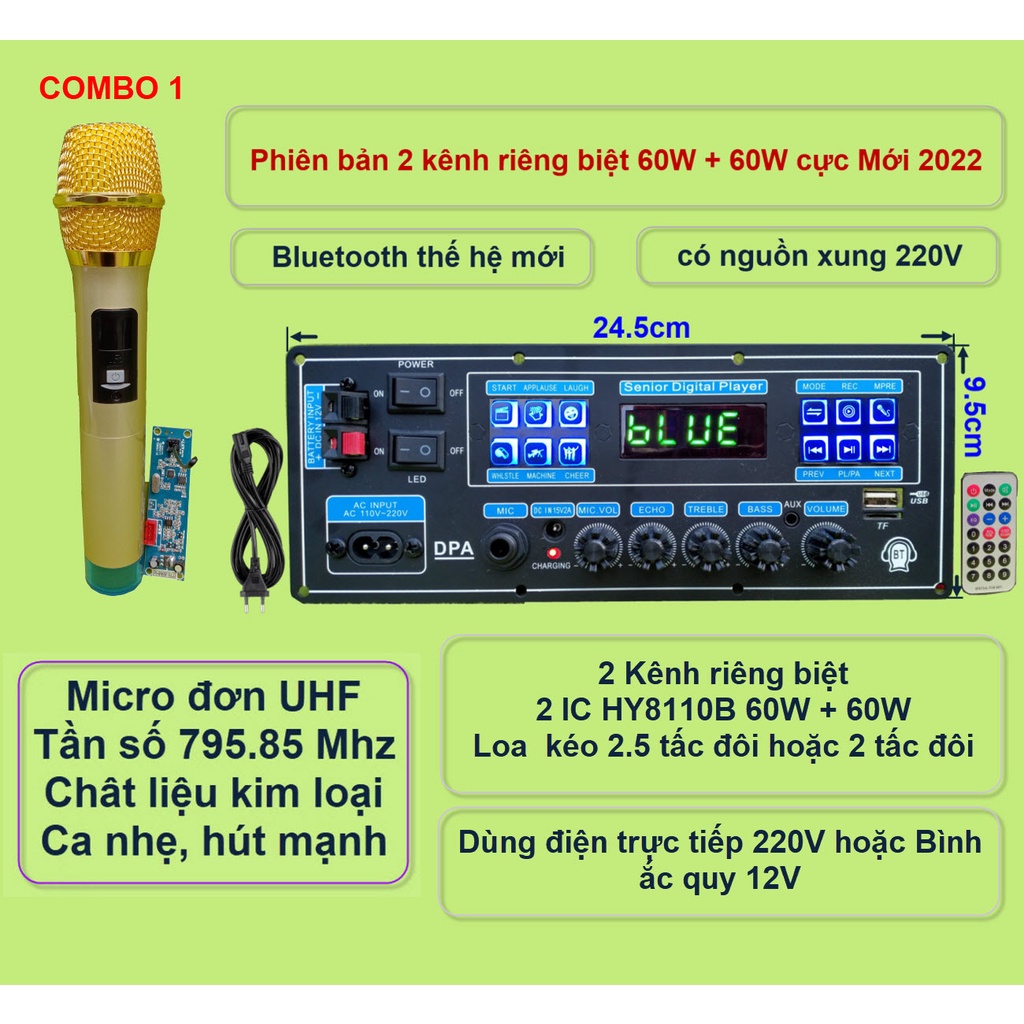 Mạch loa kéo 2 kênh riêng biệt 2 IC HY8110B 60W + 60W có nguồn xung 220V – Bluetooth thế hệ mới kèm micro đơn