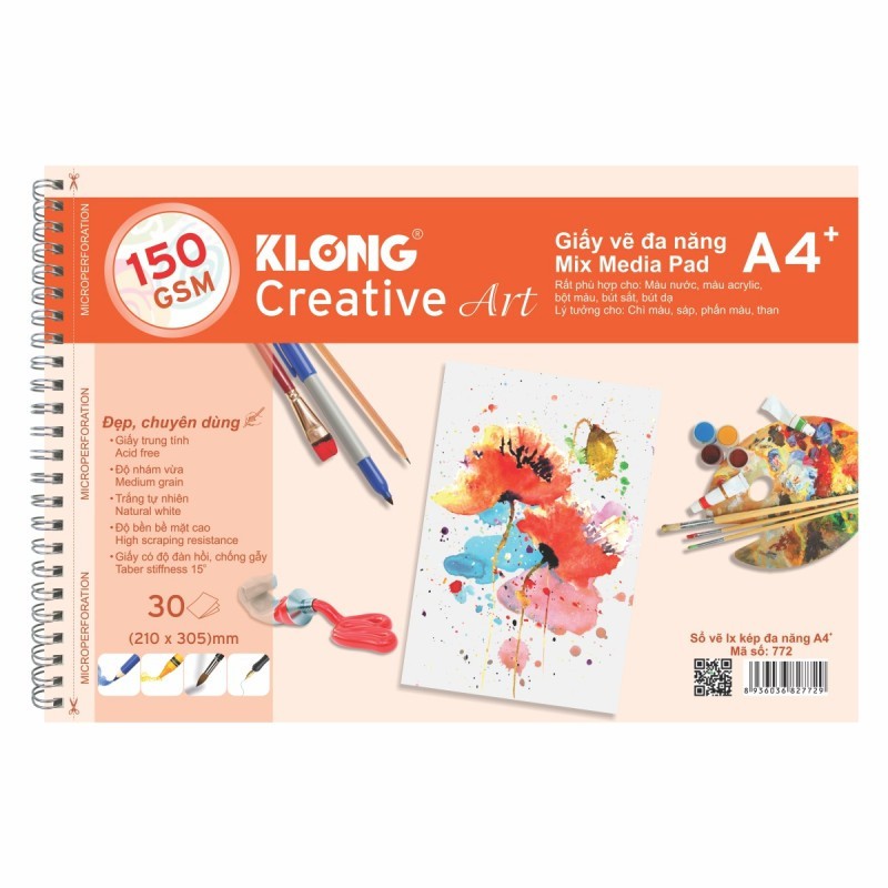 [Mã LIFEBOOK1 giảm 30K đơn 150K] Sổ vẽ lò xo đa năng Creative Art khổ A4 KLong 772 - 30 tờ, Định lượng 150gsm