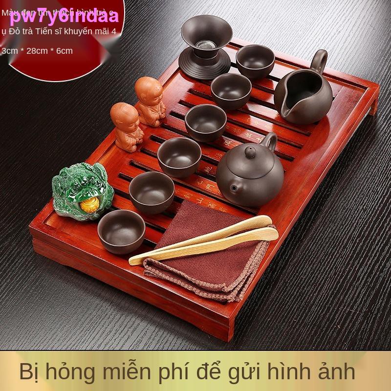 > Kung Fu Tea Set Home Khay trà gỗ nguyên khối, ấm cát tím, cốc, ly sứ, phụ kiện đạo, bàn