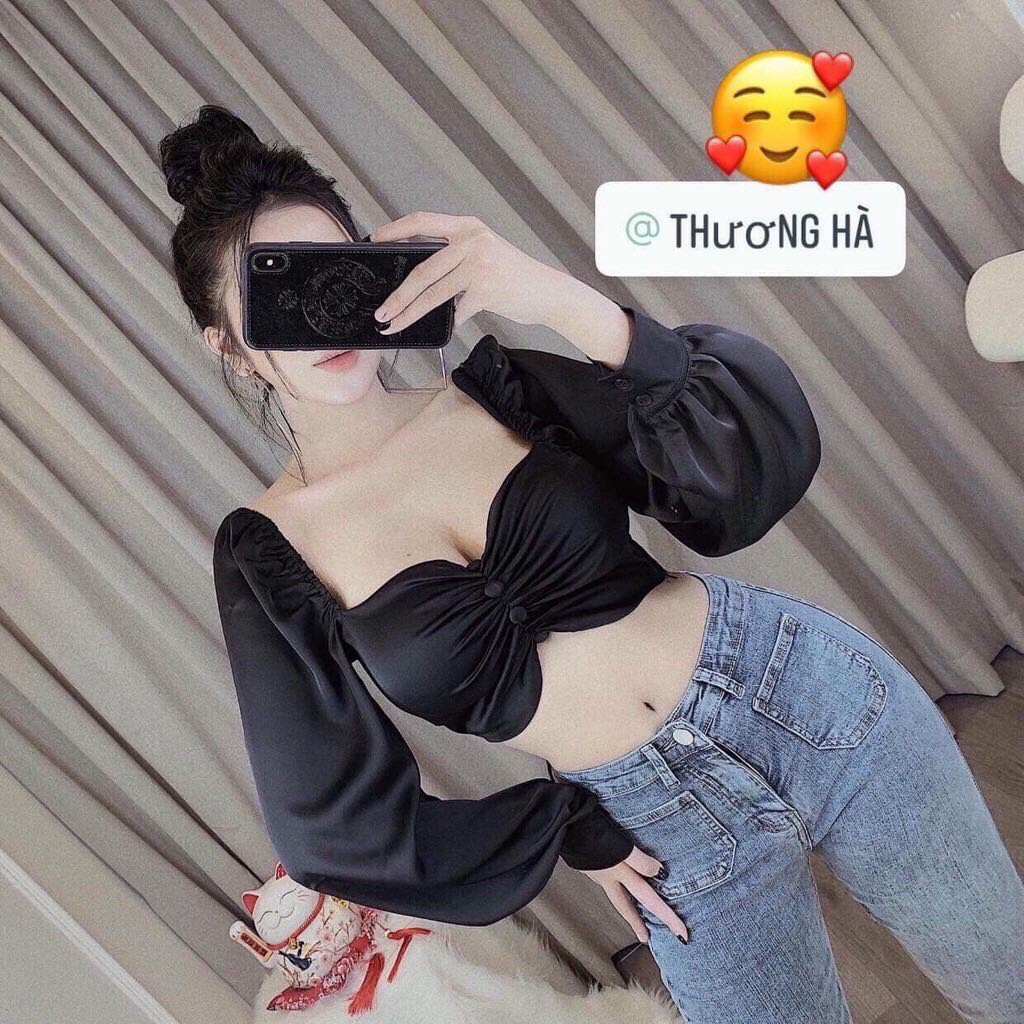 Áo Kiểu Nút Phi Bóng Trễ Vai Nhún Ngực Tay Dài