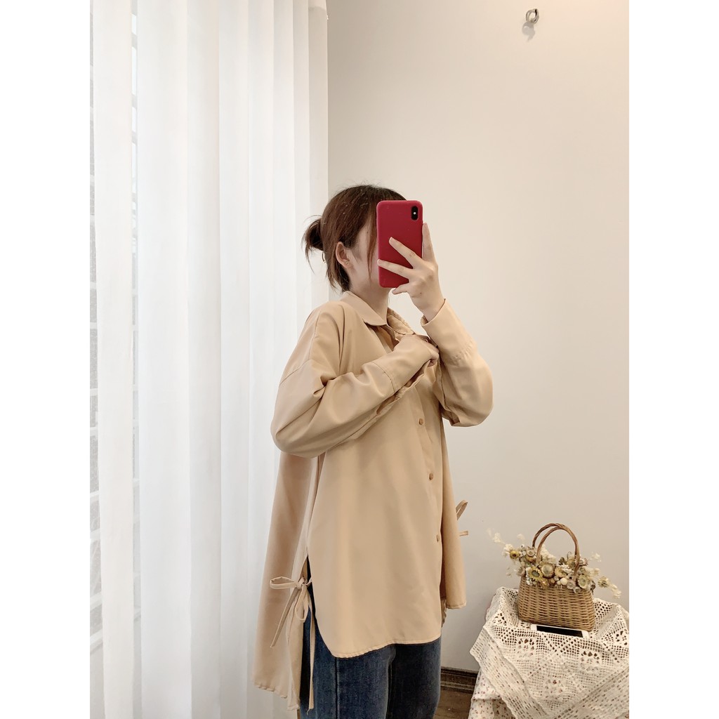 áo sơmi freesize vạt đuôi tôm 2 màu nâu, trắng (ảnh thật/hàng sẵn) | BigBuy360 - bigbuy360.vn