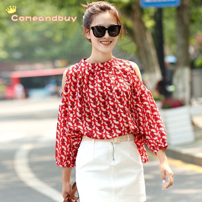 Áo kiểu chất chiffon tay dài thiết kế khoét vai nữ tính