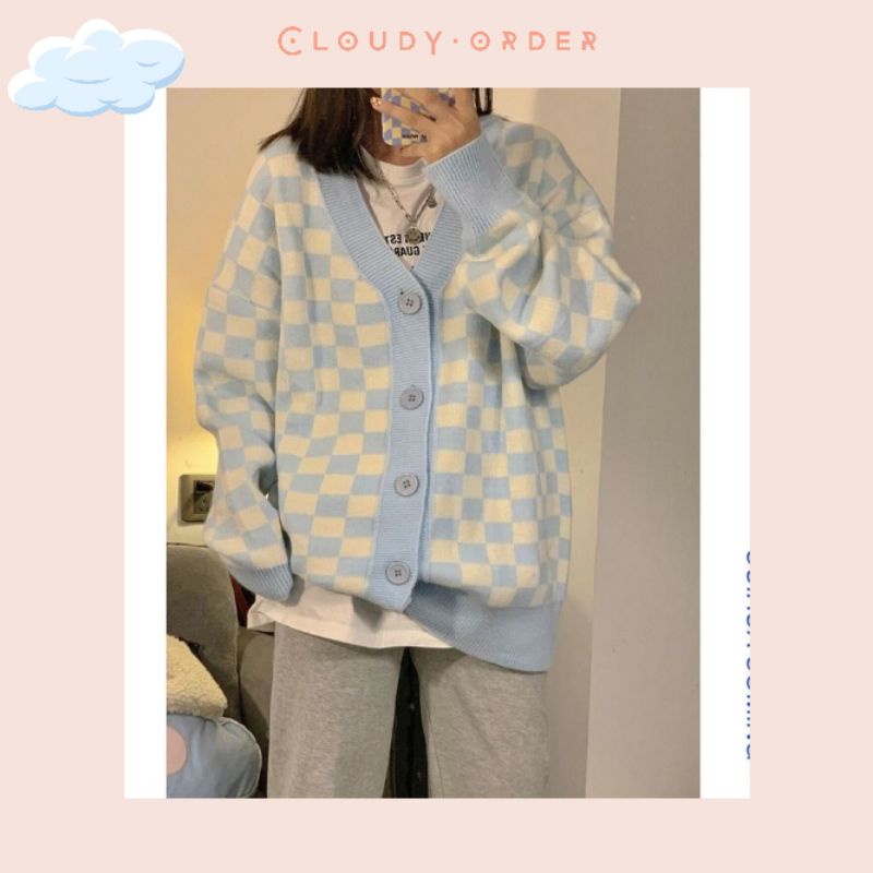 (Form nhỏ )Áo Khoác Len Cardigan Hoạ Tiết Caro Xanh Phong Cách Hàn Quốc