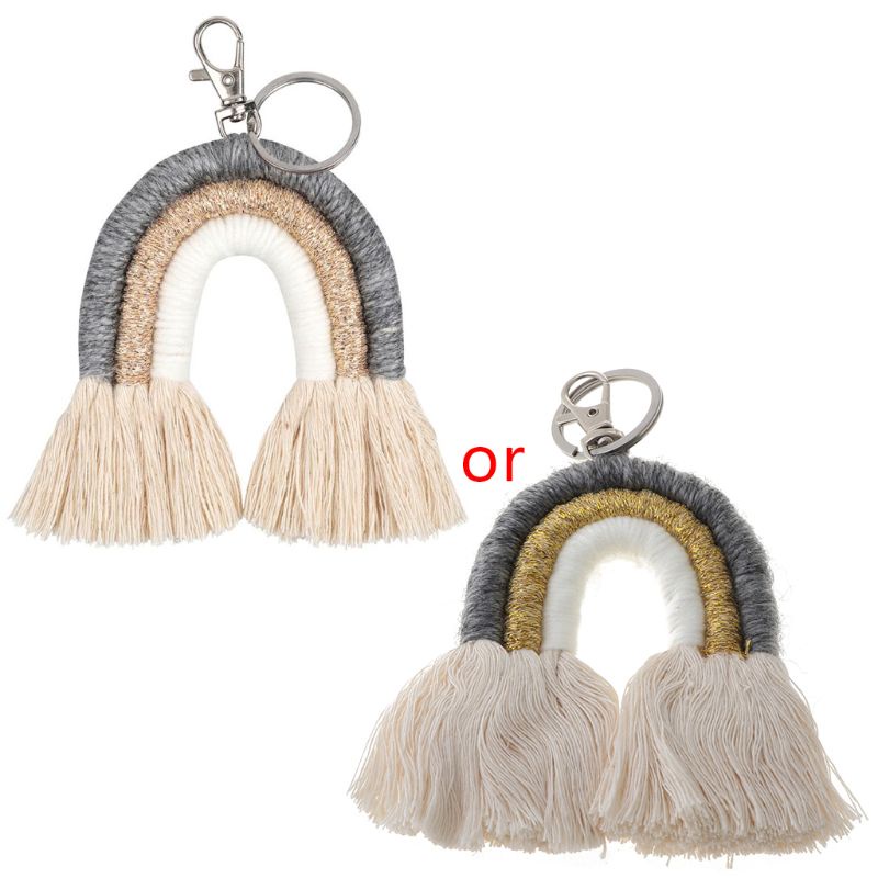 Móc khóa dây bện màu cầu vồng tua rua Macrame cho nữ