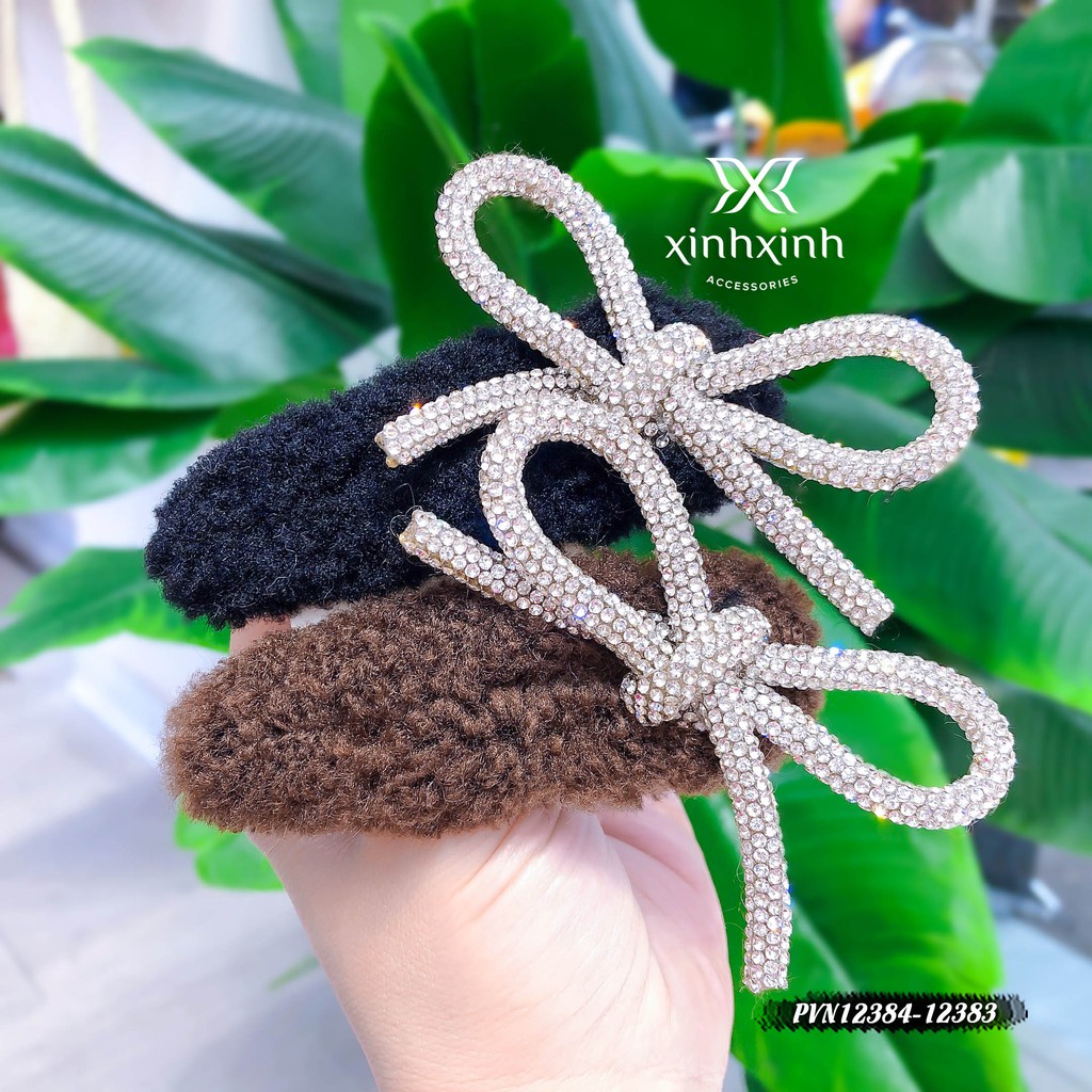 Kẹp Tóc, Cặp Tóc Mái Xù Nơ Đá Nhân Tạo Cao Cấp - Xinh Xinh Accessories