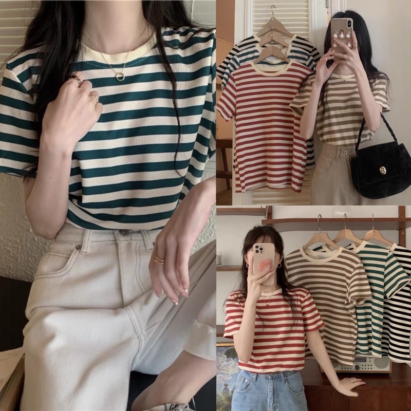 [Ảnh thật/Video]Áo phông kẻ KangChu form rộng mongtogi Hàng Quảng Châu Áo mongtogi chất đẹp mềm mịn