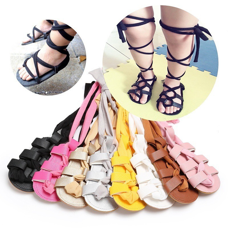 Giày sandal cột dây màu trơn dễ thương cho bé gái