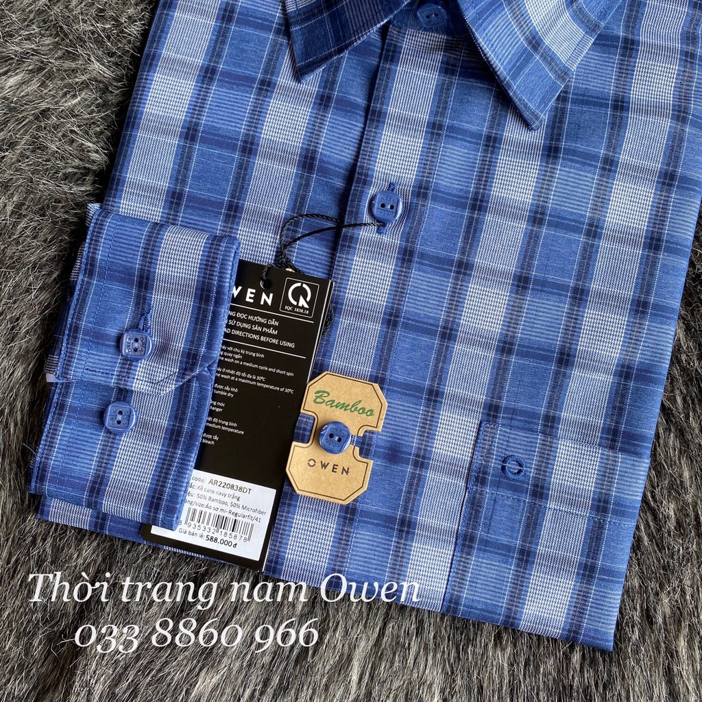 OWEN - Áo Sơ mi dài tay Owen Regular fit chất sợi tre kẻ ca rô xanh đậm 220838