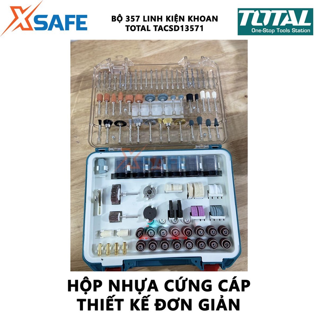 Bộ 357 linh kiện khoan mini TOTAL TACSD13571 Linh kiện máy mài thiết kế nhỏ gọn, tiện dụng, gồm 357 linh kiện khoan