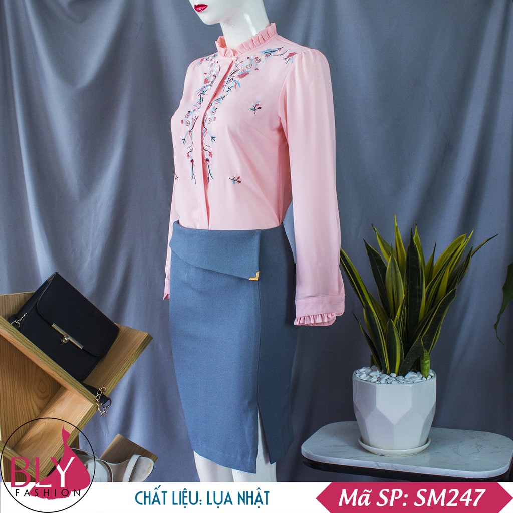 Áo sơ mi cao cổ thêu tay - công sở nữ thêu hoạ tiết, tay dài dáng suông, không nhăn, không bai xù Bly Fashion Mã SP: SM2