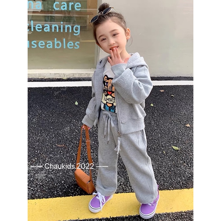 Bộ Nỉ Da Cá Bé Gái Kèm Mũ Kéo Khoá, Bộ Quần Áo Thu Đông Cho Bé Mặc Nhà CKTD12