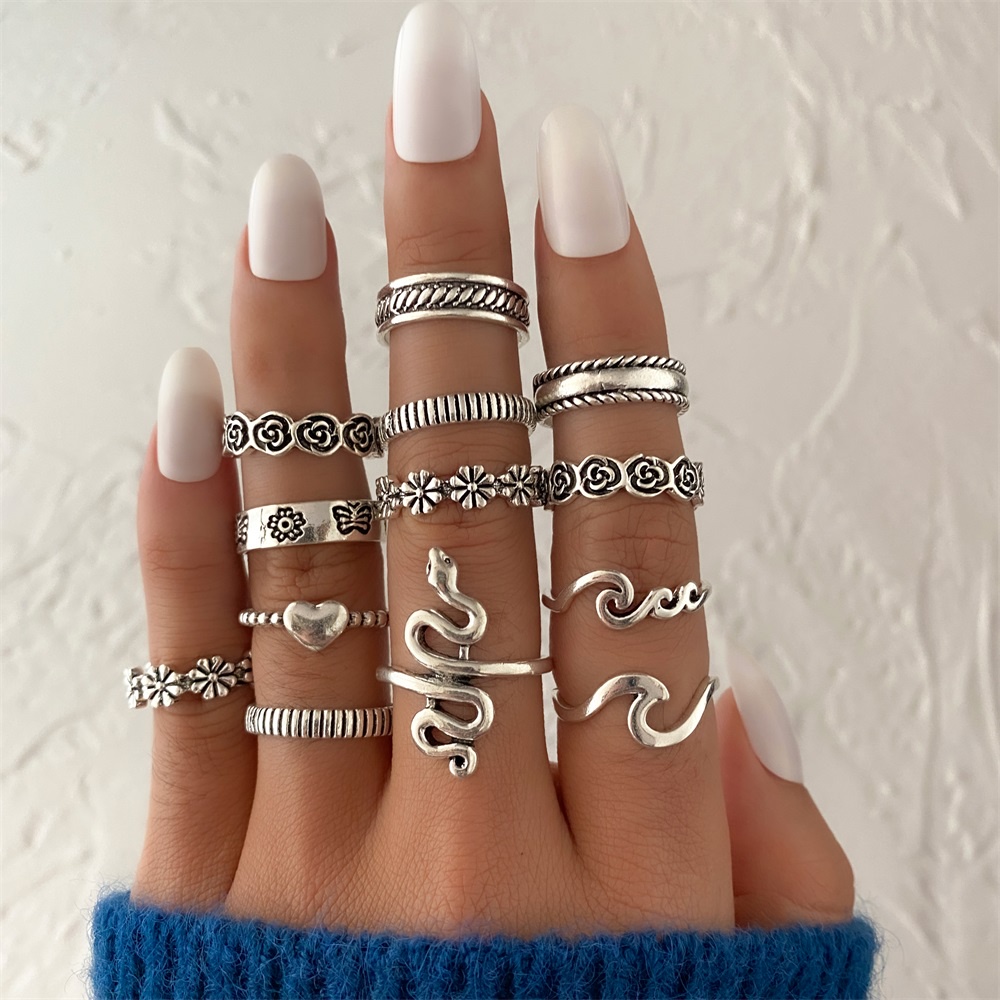 Bộ 13 Nhẫn Bạc Hình Hoa Và Rắn Cho Nữ