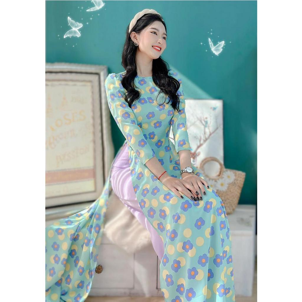 Áo dài nữ cách tân hoa nhí tay phồng không kèm quần CHUU AD8041