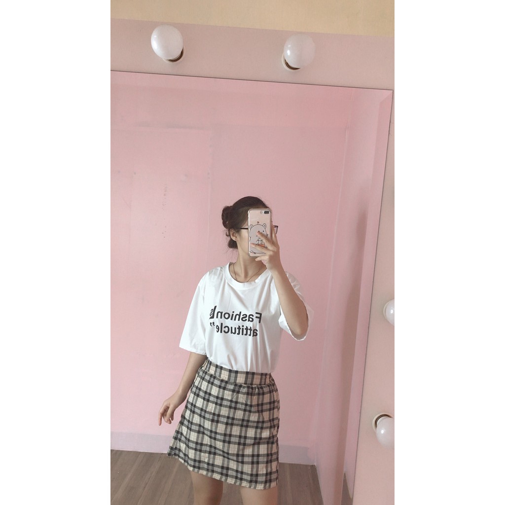 Set áo thun FASHION phối chân váy kẻ ulzzang dáng ngắn | BigBuy360 - bigbuy360.vn