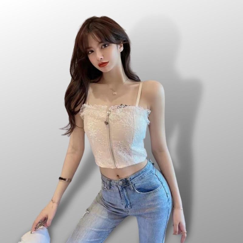 Áo Bra Ren Dán Dài Có Kéo Tia AN Croptop 2 Dây Có Mút Ngực 2210
