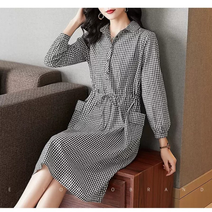 Váy sơ mi nữ dài tay, Đầm sơ mi dáng dài có túi hông kèm dây rút eo, chất thô đũi
