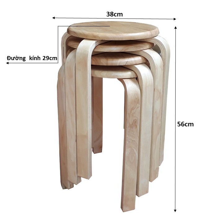 Bộ 4 ghế cafe mặt tròn chân dẹt cao 45cm bằng gỗ (Tự nhiên)