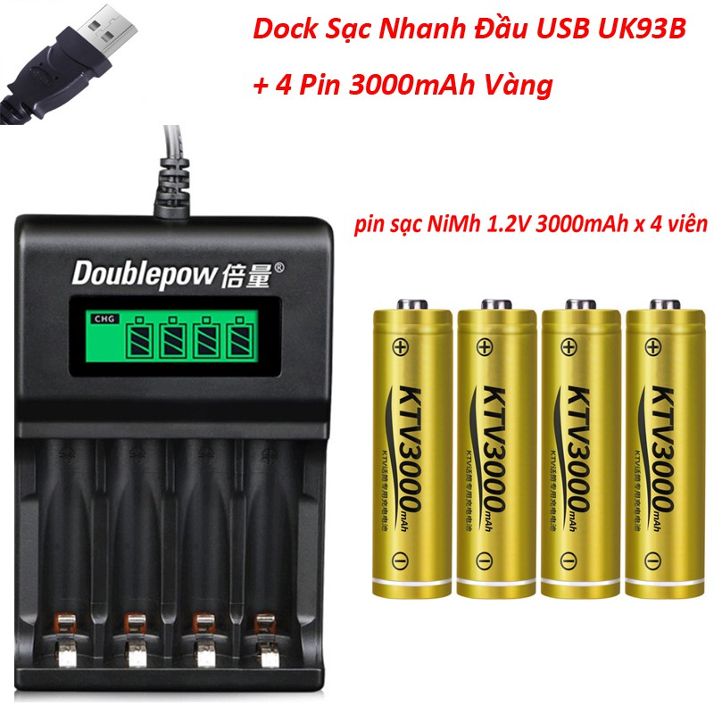 Combo Dock Sạc Nnanh Đầu USB và 4 Pin Sạc NiMh AA 3000mAh/3200mAh 1.2V MiCro Karaoke Doublepow 2A Có LED Báo Đầy Tự Ngắt