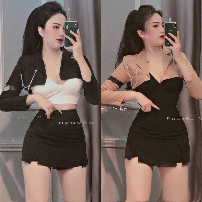 Áo khoác croptop kèm dây xích