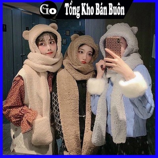 Mũ lông tai gấu kèm khăn có túi tay Jennie Black Pink3 ~ Gocolo