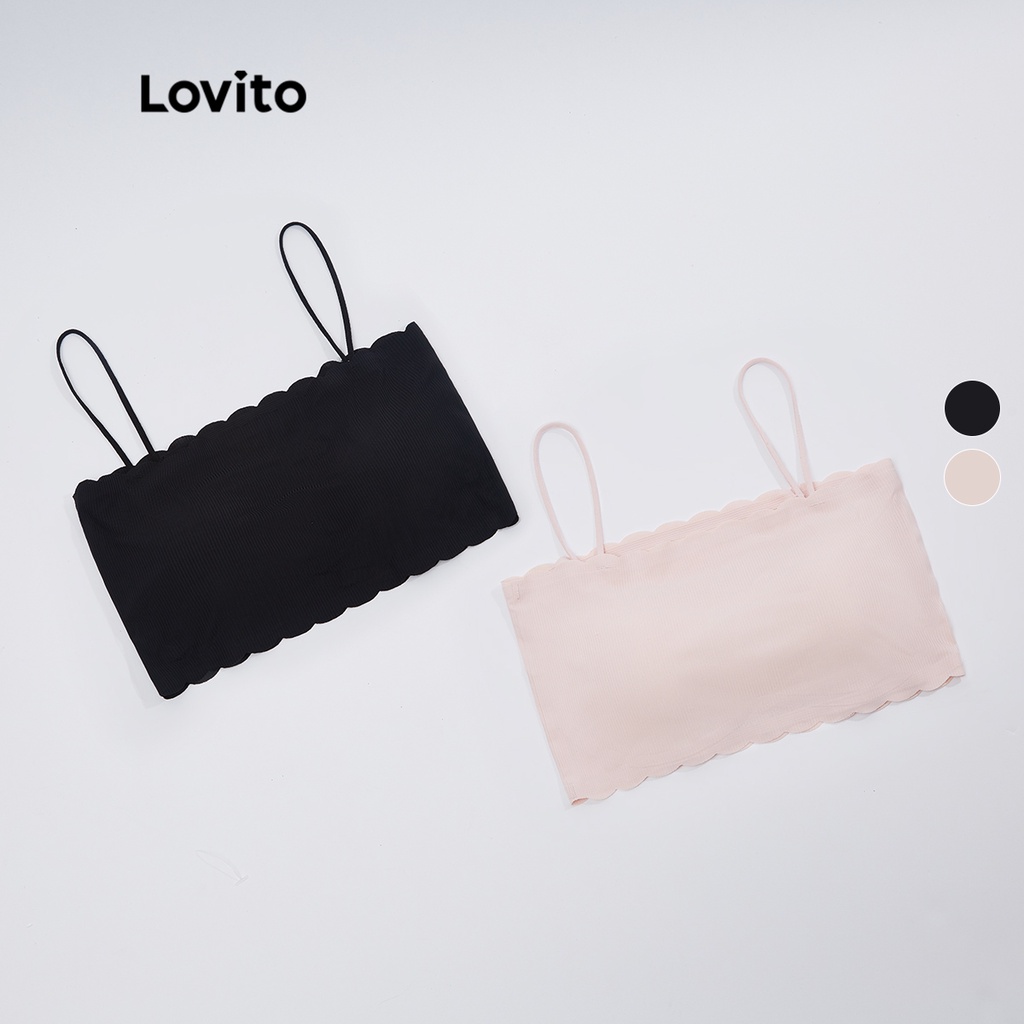 Áo ngực Lovito màu trơn hở vai phối cổ xếp nếp có miếng đệm ngực tháo ra được L18X182 (Màu hồng nhạt/ Đen)