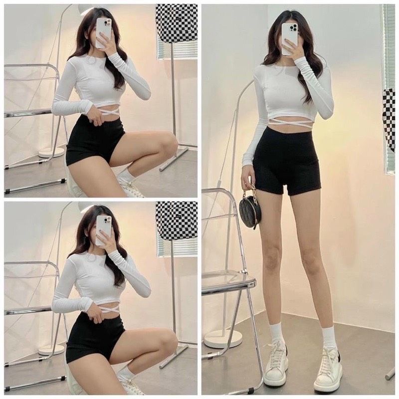 Áo Croptop Dài Tay Dây Quấn Chất Thun Gân - C07