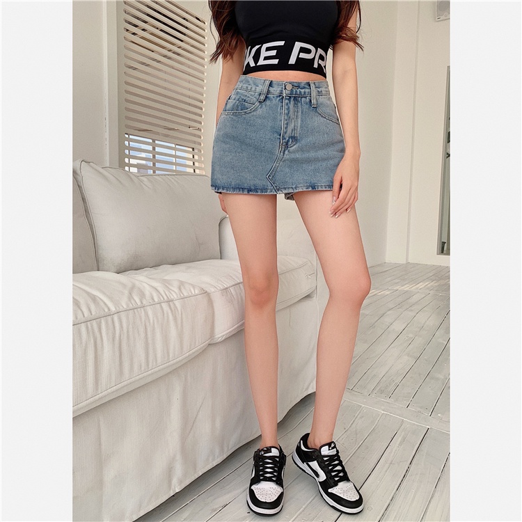 DUNEA Chân Váy Denim Lưng Cao Xẻ Tà Phong Cách Retro