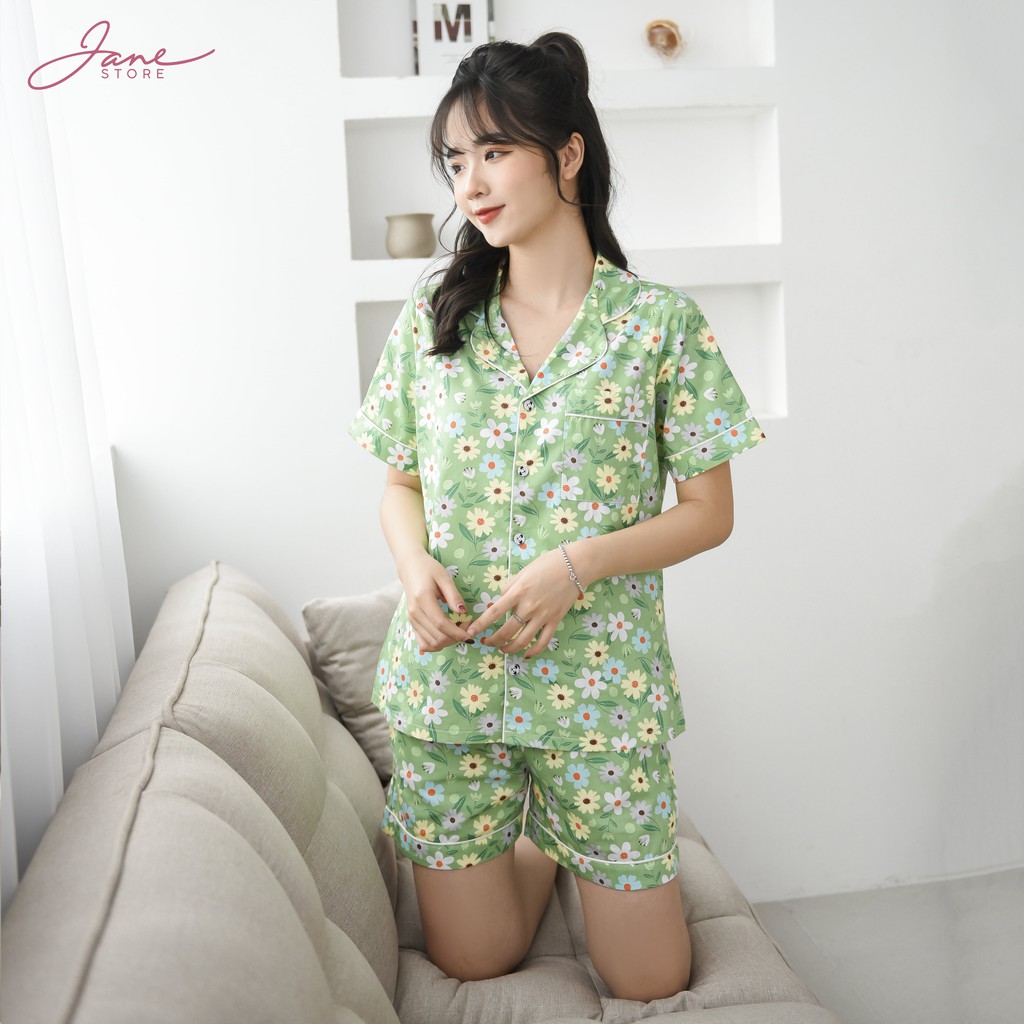 Pijama họa tiết trẻ trung Bộ đồ ngủ nữ áo cộc quần cộc Jane mã P4