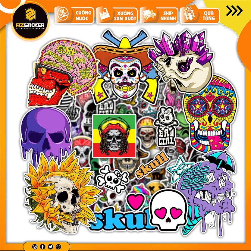 Sticker Skull Cực Chất Chống Nước Cắt Sẵn | STK135 | Hình Dán Trang Trí Mũ Bảo Hiểm Điện Thoại Laptop Bình Nước