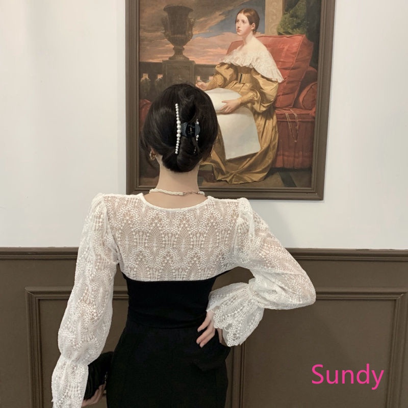 Đầm dệt kim tay dài phối ren thời trang thanh lịch cho nữ