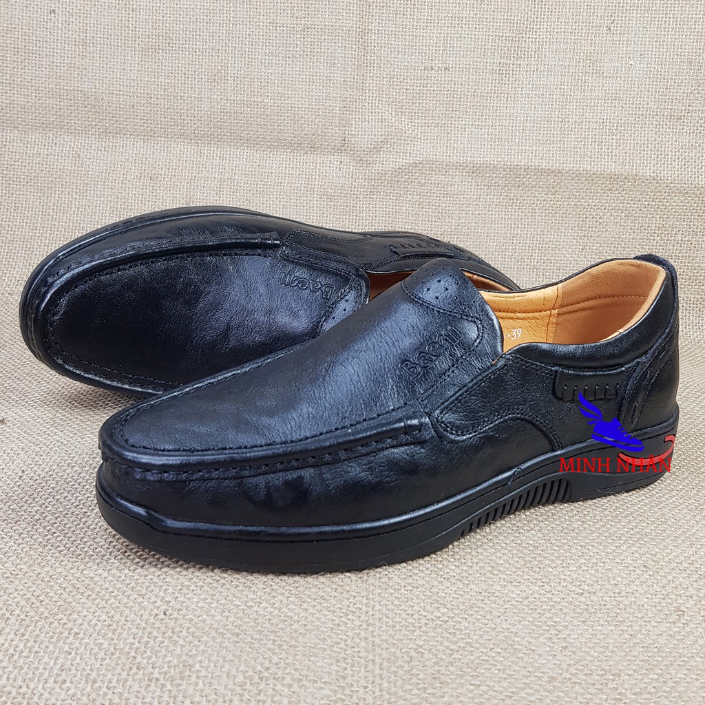 Giày lười nam da bò thật siêu mềm mũi bo tròn dành cho trung niên Ông già Tây Công Sở hàng hiệu Baem giá rẻ O-8 màu đen