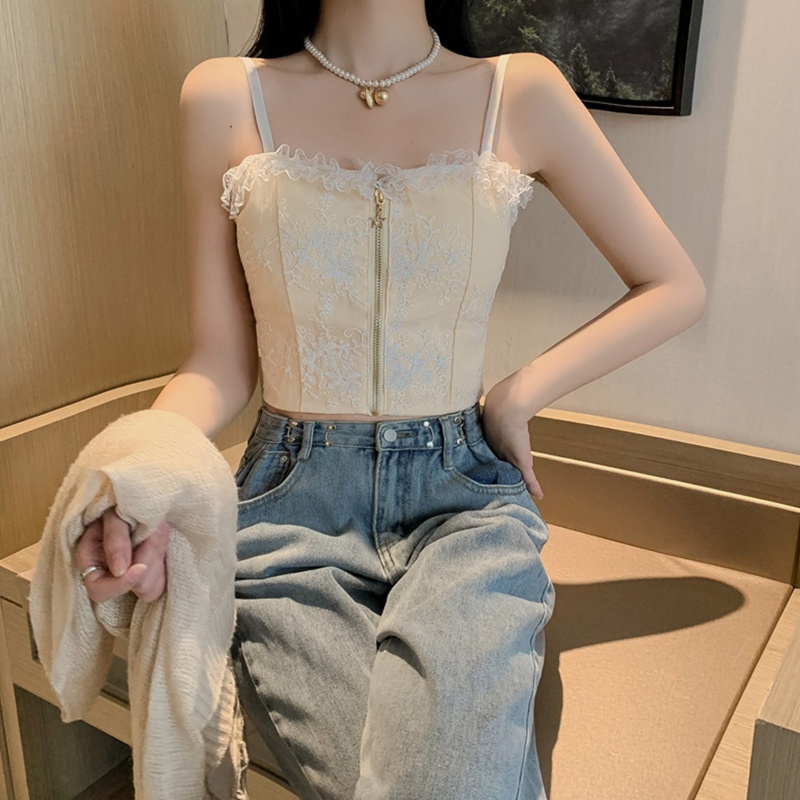 Áo Hai Dây Phối Ren Khóa Kéo Trước Dáng Ôm Gợi Cảm Cho Bạn Gái