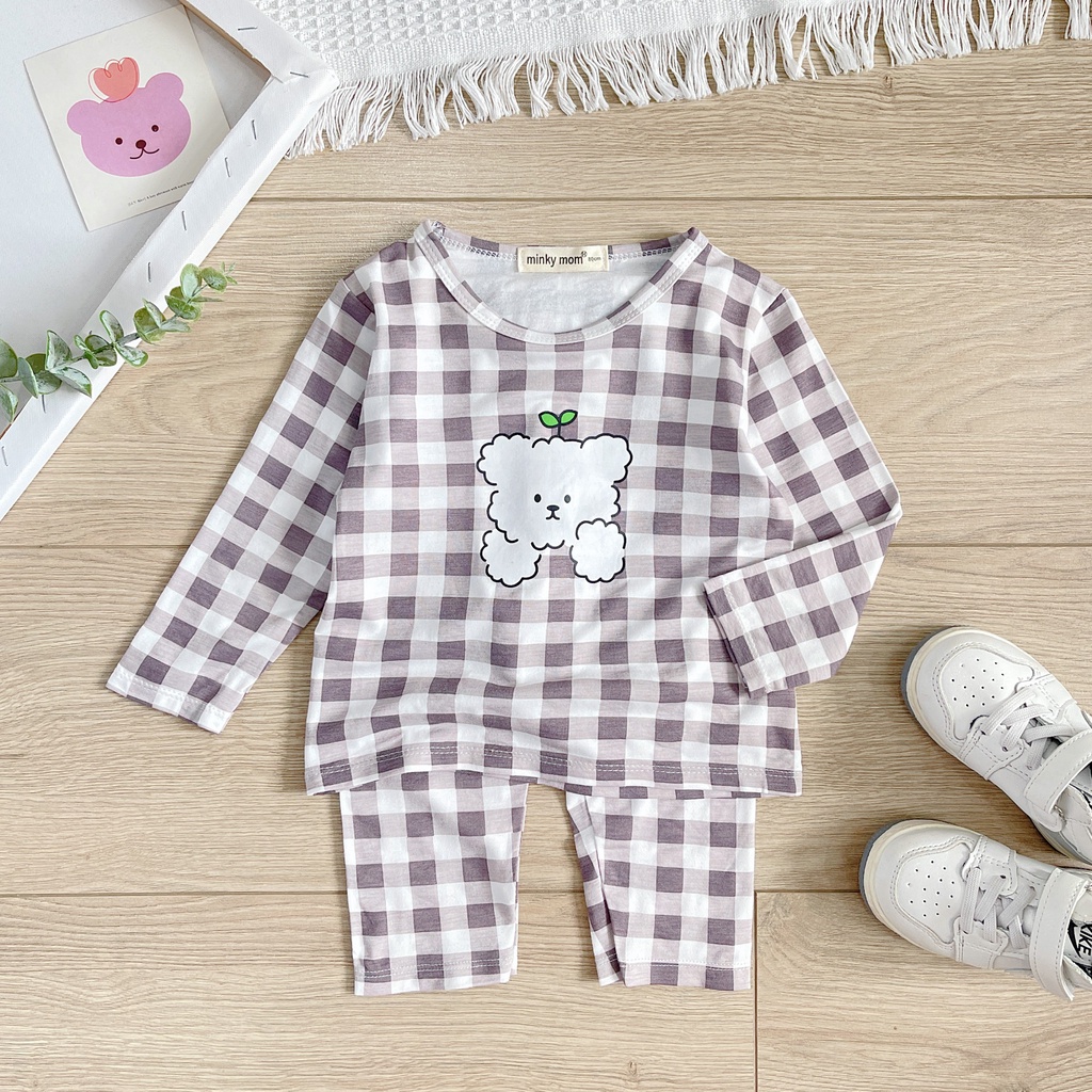 [SALE] Bộ Thun Lạnh Dài Tay Cho Bé Trai, Bé Gái Minky Mom Kẻ Sọc In Gấu, Đồ Bộ Cho Bé Mặc Nhà Thu Đông MKMTD2235