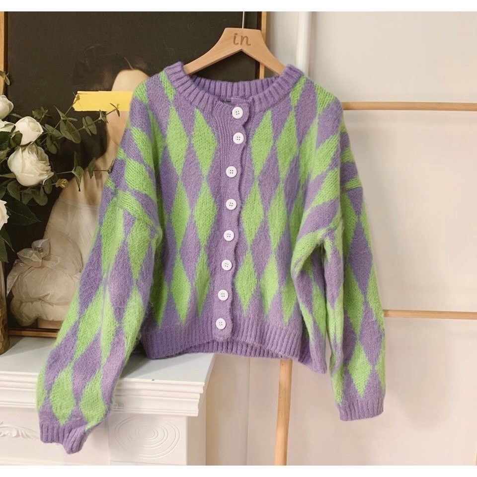 Áo len Cardigan nữ phối màu tím xanh form thụng freesize phong cách cá tính thời trang dành cho nữ M129HD | WebRaoVat - webraovat.net.vn