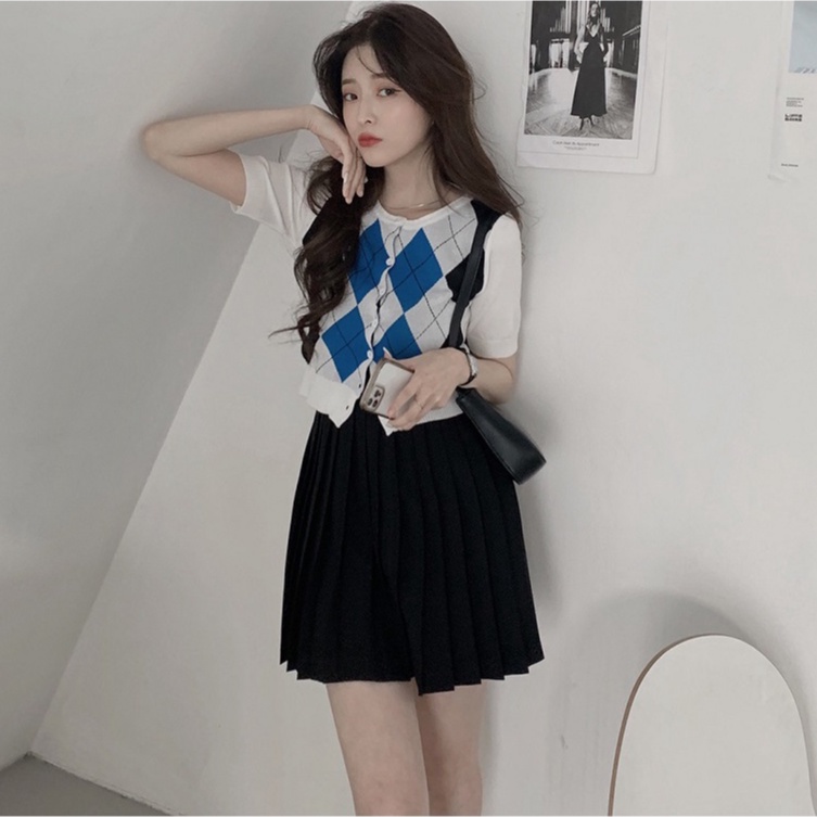 Áo cardigan ZHELIHANGFEI cổ tròn ngắn tay chất dệt kim cài nút họa tiết hình thoi dành cho nữ