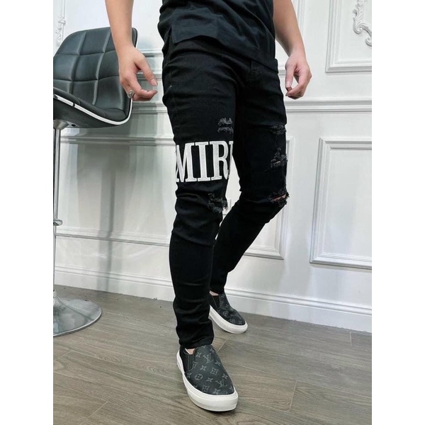 Quần Jean Biker Côn Amiri Rách Dệt Chữ Da