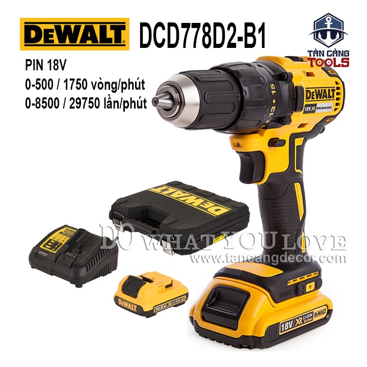 Máy Khoan Vặn Vít Dùng Pin DeWalt 18V DCD778D2-B1 ( 2 Pin 2.0Ah + 1 Sạc DCB112 )