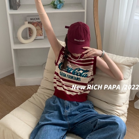 Áo tanktop XIAOZHAINV vải dệt kim sát nách kẻ sọc in chữ kiểu retro Hàn Quốc xinh xắn cho nữ