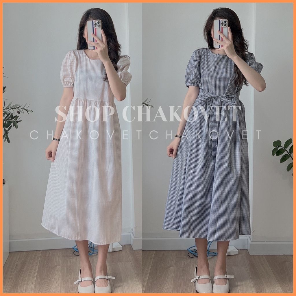 Đầm nữ cổ tròn cúc sau buộc nơ V8277 váy nữ dáng dài đi biển xinh quá gối cộc tay babydoll dự tiệc sang chảnh -CHAKOVET