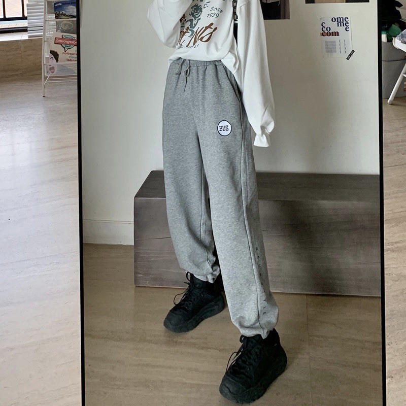 Quần jogger nữ ❤️Sale ❤️Quần thun nữ dáng Unisex form rộng thêu chữ BUS , dáng Ulzzang gấu dây rút