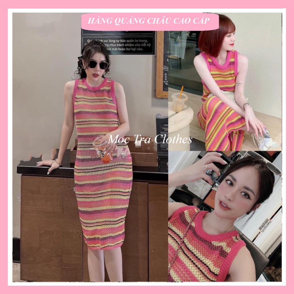 Đầm len sát nách Quảng Châu thiết kế dáng suông kẻ ngang cầu vồng siêu xinh, Váy ba lỗ nữ rẻ đẹp trẻ trung