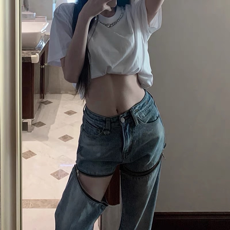 Quần bò khoá đùi nữ