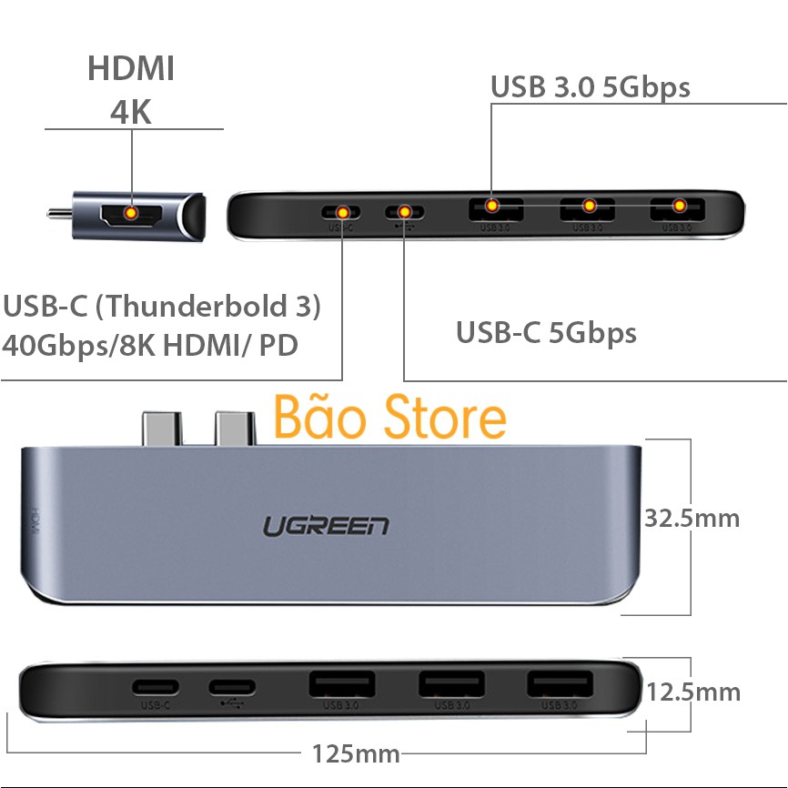 [Freeship] DUAL USB TYPE C TO HDMI + 3 USB 3.0 + PD UGREEN 50963