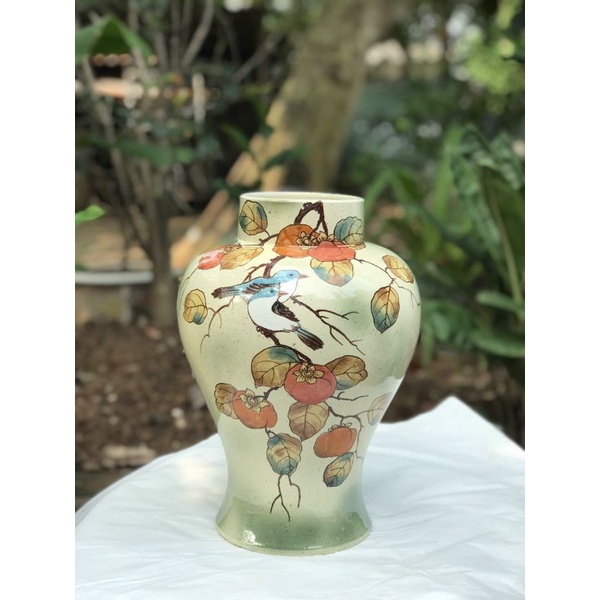 LỌ HOA DÁNG THON MEN LAM VẼ TAY HOA DÂY H30Cm ×M11cm.